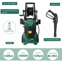 MVPOWER Nettoyeur Haute Pression, 160 Bars 1800W 480L/h Moteur En Cuivre Nettoyeur, Enrouleur De Flexible Et 6,2m Tuyau, Pour Voiture, Vélo, Jardin,Terrasse, 2 Buse Réglable, 1 Brosse Longue -Nettoyeur Haute Pression Soldes 31935309 3