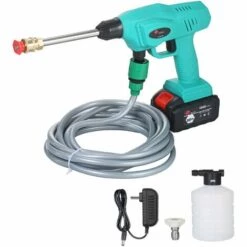 HAPPYSHOPPING SEATEN 240W Haute Puissance Pistolet De Lavage De Voiture Batterie Au Lithium Sans Fil Machine A Laver De Voiture (21V / 240W Une Electricite Une Charge) Bleu Paon Norme Europeenne