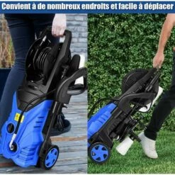 GOPLUS Nettoyeur Haute Pression 1400W, 140 Bar, 300 L/H Avec Buse Lotus, Buse Haute Pression, Brosse Et Pot De Lessive, Enrouleur Flexible, Tuyau 5M Avec 2 Roues Pour Voiture, Jardin, Terrasse -Nettoyeur Haute Pression Soldes 40243502 3