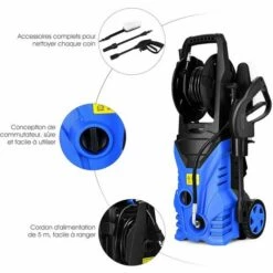 GOPLUS Nettoyeur Haute Pression 1400W, 140 Bar, 300 L/H Avec Buse Lotus, Buse Haute Pression, Brosse Et Pot De Lessive, Enrouleur Flexible, Tuyau 5M Avec 2 Roues Pour Voiture, Jardin, Terrasse -Nettoyeur Haute Pression Soldes 40243502 5