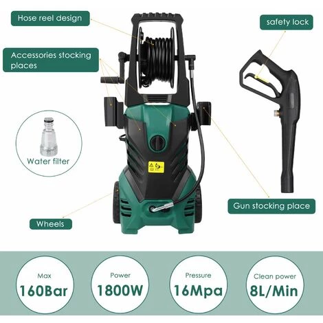 Gizcam Nettoyeur Haute Pression, 160 Bars 1800W 480L/h Moteur En Cuivre Nettoyeur, Enrouleur De Flexible Et 6,2m Tuyau, Pour Voiture, Vélo, Jardin,Terrasse, 2 Buse Réglable, 1 Brosse Longue 6 Gizcam Nettoyeur Haute Pression, 160 Bars 1800W 480L/h Moteur En Cuivre Nettoyeur, Enrouleur De Flexible Et 6,2m Tuyau, Pour Voiture, Vélo, Jardin,Terrasse, 2 Buse Réglable, 1 Brosse Longue – Image 4