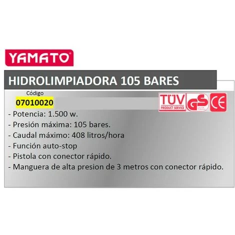 YAMATO Nettoyeur Haute Pression à Eau Froide 105 Bars 1500 W. Arrêt Automatique 4 YAMATO Nettoyeur Haute Pression à Eau Froide 105 Bars 1500 W. Arrêt Automatique – Image 2