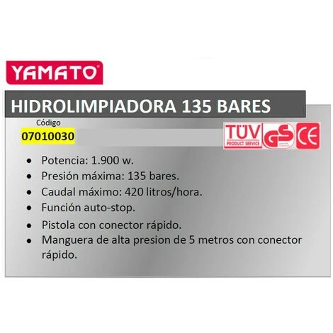 YAMATO Nettoyeur Haute Pression à Eau Froide 135 Bars 1900 W. Arrêt Automatique 4 YAMATO Nettoyeur Haute Pression à Eau Froide 135 Bars 1900 W. Arrêt Automatique – Image 2