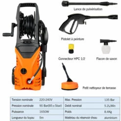 PULUOMIS Nettoyeur Haute Pression électrique 1650W 135 Bars Kit Complet D'accessoires Brosses, Nettoyeur Terrasse, Buse Rotative, Jet Pression, Roulettes - Noir/Orange - Noir/Orange -Nettoyeur Haute Pression Soldes 51557210 3