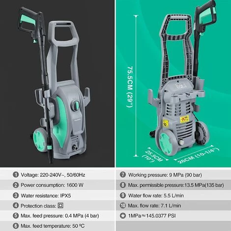 HAUSHOF Nettoyeur Haute Pression 1600W Avec Tuyau De 5m, 135 Bars, Débit D'Eau Maximal De 426 L/H, Déplacement Libre Pour Voiture, Terrasse, Jardin 4 HAUSHOF Nettoyeur Haute Pression 1600W Avec Tuyau De 5m, 135 Bars, Débit D'Eau Maximal De 426 L/H, Déplacement Libre Pour Voiture, Terrasse, Jardin – Image 2
