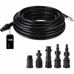 BAMNY Tuyau De Nettoyage De Tuyaux Avec 5 Adaptateurs, 15 M, 160 Bar, 60° C, Kit De Nettoyage De Tuyaux Adapté Pour Kärcher, Lavor, Interpump, Bosch
