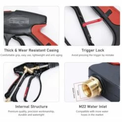TANCYCO Pistolet De Lavage De Voiture à Haute Pression Ensemble Pistolet à Eau Portable Multifonctionnel Noir Pour Lavage De Voiture/sol/cour/arrosage Fleurs/bain Pour Animaux De Compagnie,Pistolet à Eau + Tige D'extension + Buse 5 Couleurs + Tube De 8 Mètres -Nettoyeur Haute Pression Soldes 59867873 5
