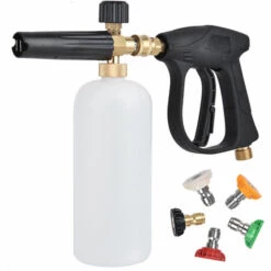 PERLE RARE Pistolet à Haute Pression Cannon à Mousse, 1L Réglable 1/4" Rapide Lance De Mousse De Neige Distributeur De Savon Bouteille Avec 5 Buses Et Pistolet Lance En Mousse Pour Lavage De Voiture