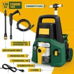 GIZCAM Nettoyeur Haute Pression, Nettoyeur Haute Pression 1500 W, Buse 4 En 1, 130 Bars, Fonction Aspiration Et Bulle